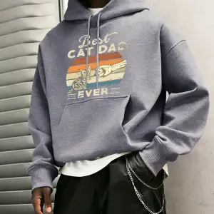 Şimdiye Kadarki En İyi Kedi Babası Kediler Baskılı Erkek Kapüşonlu Ceket Cepli Polar Uzun Kol