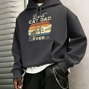 Şimdiye Kadarki En İyi Kedi Babası Kediler Baskılı Erkek Kapüşonlu Ceket Cepli Polar Uzun Kol