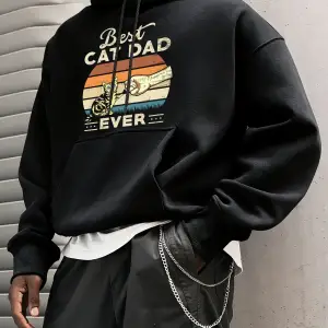 Şimdiye Kadarki En İyi Kedi Babası Kediler Baskılı Erkek Kapüşonlu Ceket Cepli Polar Uzun Kol