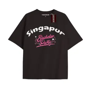 SINGAPUR BACHELOR PARTY Unisex Oversize Yazılı Tshirt SİYAH