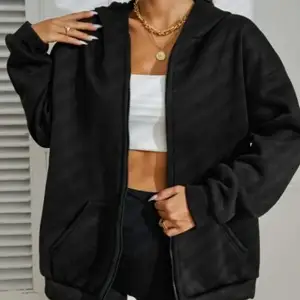 Siyah 2 ip Örme Kumaş Kapüşonlu Fermuarlı Sweatshirt