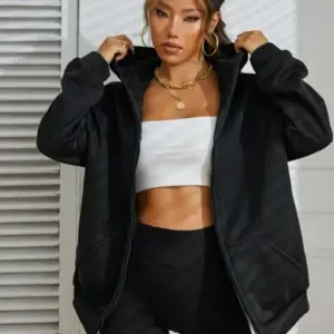 Siyah 2 ip Örme Kumaş Kapüşonlu Fermuarlı Sweatshirt