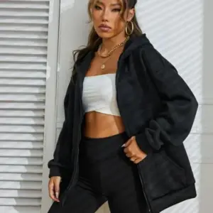 Siyah 2 ip Örme Kumaş Kapüşonlu Fermuarlı Sweatshirt