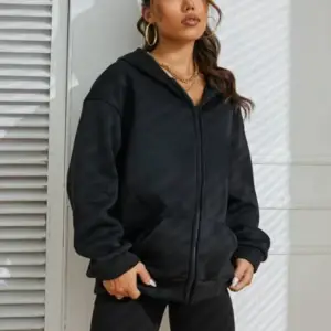 Siyah 2 ip Örme Kumaş Kapüşonlu Fermuarlı Sweatshirt