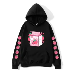 Siyah Çilek süt karikatürHoodies Kawaiiular