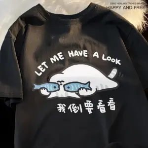 Siyah Eğlenceli ve Sevimli Kedi ve Köpek Desen Gevşek Tshirt Vintage Üst FemaleT-Shir