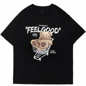 Siyah Feel Good Ayı Baskılı Oversize Bisiklet Yaka Erkek Tişört