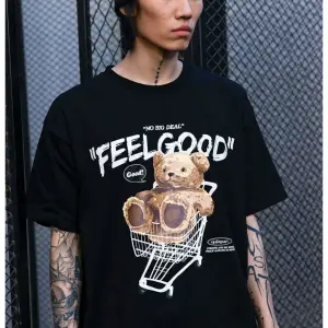 Siyah Feel Good Ayı Baskılı Oversize Bisiklet Yaka Erkek Tişört