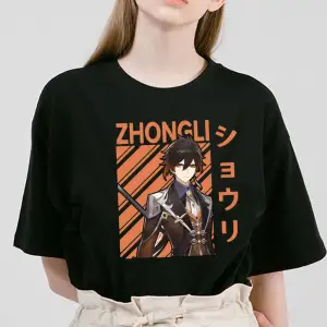 Siyah Genshin Darbe Zhong Li Morax Tees Kısa Sleeve100 Yaz Karikatür Streetweed