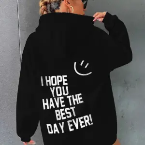 Siyah Happy Baskılı Oversize Kapüşonlu Sweatshirt