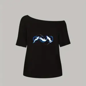 Siyah Kadın Düşük Omuz Kayık Yaka Baskılı