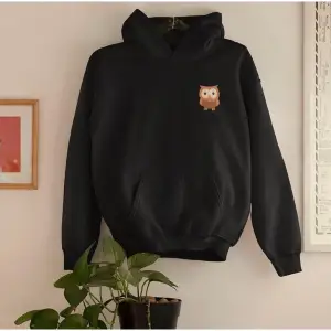 Siyah Kapşonlu Baykuş Baskılı Pamuklu Oversıze Sweatshirt
