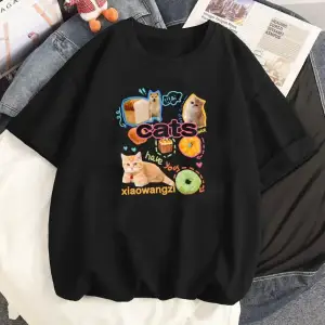Siyah Karikatür i Sevimli Kedi Grafik Tee Köpek Baskı