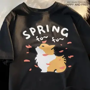 Siyah Karikatür Sevimli Kedi ve Köpek Desen Eğlenceli Tshirt bol Tees Sokak Serin Kısa