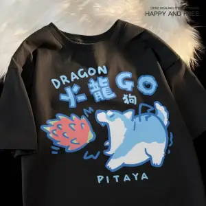 Siyah Karikatür Sevimli Kedi ve Köpek Desen Eğlenceli Tshirt bol Tees Sokak Serin Kısa