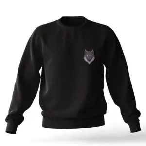 Sıyah Karpşonsuz 0 Yaka Pamuklu Kurt Baskılı Unisex Sweatshirt Siyah