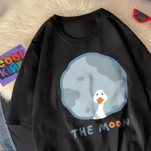 Siyah Kazın arkası ay karikatür baskılar gevşek o-boyun yumuşak üs