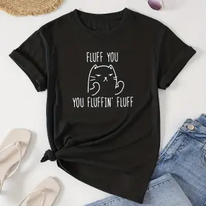 Siyah Kedi Desenli Bisiklet Yaka , İlkbahar ve Yaz İçin Günlük ,