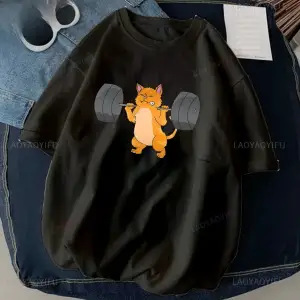 Siyah Kedi Halter baskılı Çalışma Komik Spor Salonu Tasarım Etiket Grafik li T