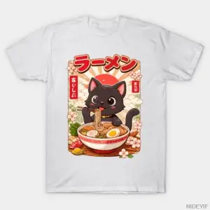 Siyah Kedi Ramen T-shirt Erkek Kadın % 100% Pamuklu Tişörtler Kısa Kollu Üstler 1219-2