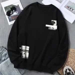 Siyah Love Forever Baskılı Oversize Bisiklet Yaka Sweatshirt