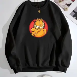 Siyah Oversize 0 Yaka Kapşonsuz Garfield Baskılı Unisex Pamuklu Sweatshirt