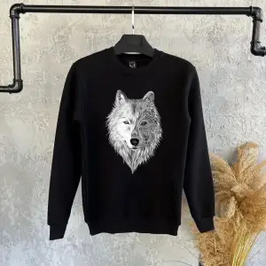 Siyah Oversize Alfa Kurt Baskılı Kapşonsuz 0 Yaka Pamuklu Unisex Sweatshirt