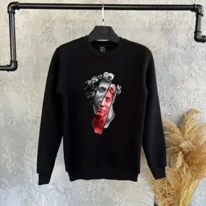 Siyah Oversize Baskılı Kapşonsuz 0 Yaka Pamuklu Unisex Sweatshirt