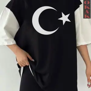 Siyah Oversize Çift Renk AY YILDIZ Baskılı Unisex Tshirt