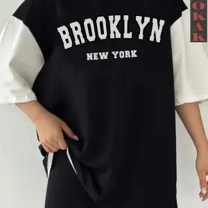 Siyah Oversize Çift Renk BROOKLYN NYC Baskılı Unisex Tshirt