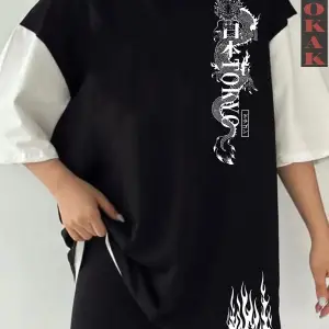 Siyah Oversize Çift Renk DRAGON  Baskılı Unisex Tshirt