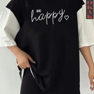 Siyah Oversize Çift Renk HAPPY Baskılı Unisex Tshirt