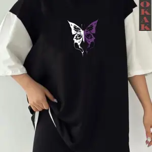 Siyah Oversize Çift Renk KELEBEK YAZI  Baskılı Unisex Tshirt