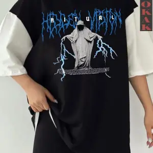 Siyah Oversize Çift Renk RİTUAL YAZI  Baskılı Unisex Tshirt