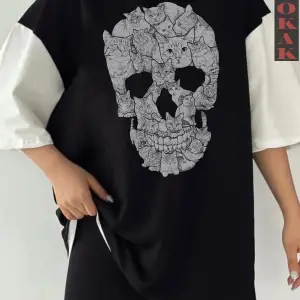 Siyah Oversize Çift Renk SKULL  Baskılı Unisex Tshirt