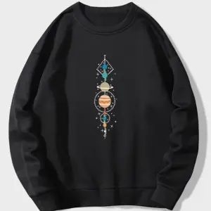 Siyah Oversize Gezegenler Baskılı 0 Yaka Kapşonsuz Pamuklu Kadın Sweatshirt