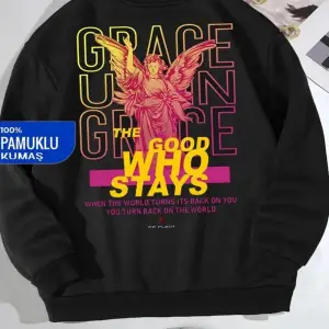 Siyah Oversize Goog Grace Baskılı Pamuklu Kapşonsuz 0 Yaka Unisex Sweatshirt