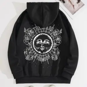 Siyah Oversize Güneş Baskılı Kapşonlu Kanguru Cepli Unisex Swetshirt