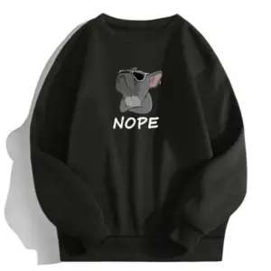 Siyah Oversize Kapşonsuz 0 Yaka Bulldog Baskılı Pamuklu Sweatshirt