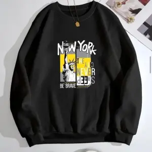 Siyah Oversize Kapşonsuz 0 Yaka Newyork Baskılı Pamuklu Unisex Sweatshirt