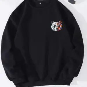 Siyah Oversize Panda Baskılı Pamuklu 0 Yaka Kapşonsuz Unisex Sweatshirt