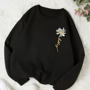 Siyah Oversize Papatya Baskılı 0 Yaka Kapşonsuz Pamuklu Kadın Sweatshirt