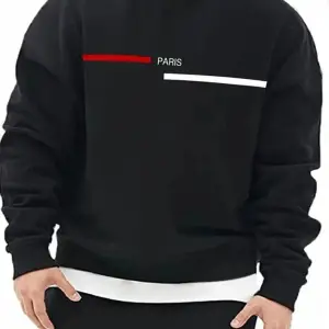 Siyah Oversize Paris Şerit Baskılı Pamuklu Kapşonsuz Bisiklet Yaka Unisex Sweatshirt