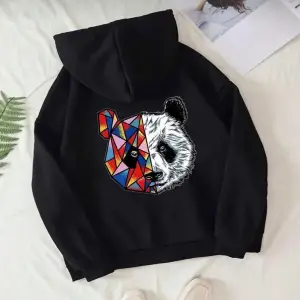 Siyah Oversize Renkli Panda Baskılı Kapşonlu Kanguru Cepli Pamuklu Sweatshirt