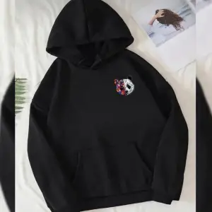 Siyah Oversize Renkli Panda Baskılı Kapşonlu Kanguru Cepli Pamuklu Sweatshirt