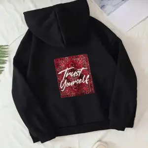 Siyah Oversize Trust Yourself Baskılı Kapşonlu Kanguru Cepli Pamuklu Sweatshirt