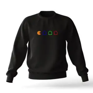 Siyah Oversıze Unisex Pacman Baskılı Pamuklu Kapşonsuz 0 Yaka Sweatshirt