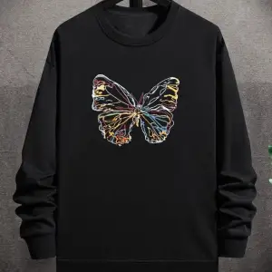 Siyah Renkli Kelebek Baskılı 0 Yaka Kapşonsuz Pamuklu Sweatshirt