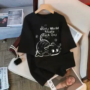 Siyah s Round Neck Short Sleeve Loose Cute Cat Print Summer Y2K Kawaii Wo