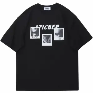 Siyah Sticker Baskılı Oversize Bisiklet Yaka Erkek Tişört